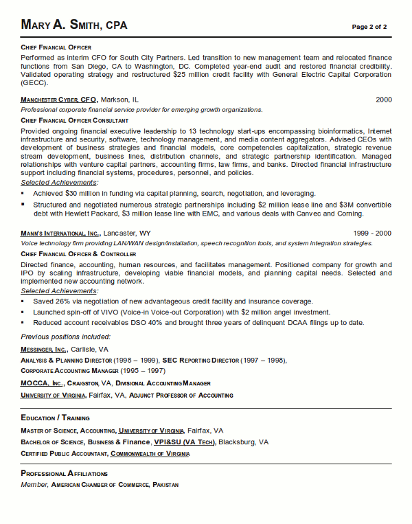 example resume chief financial officer (CFO) resume - 1a