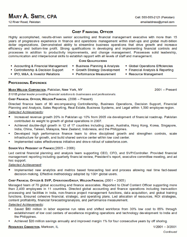 chief financial officer  cfo  resume template example
